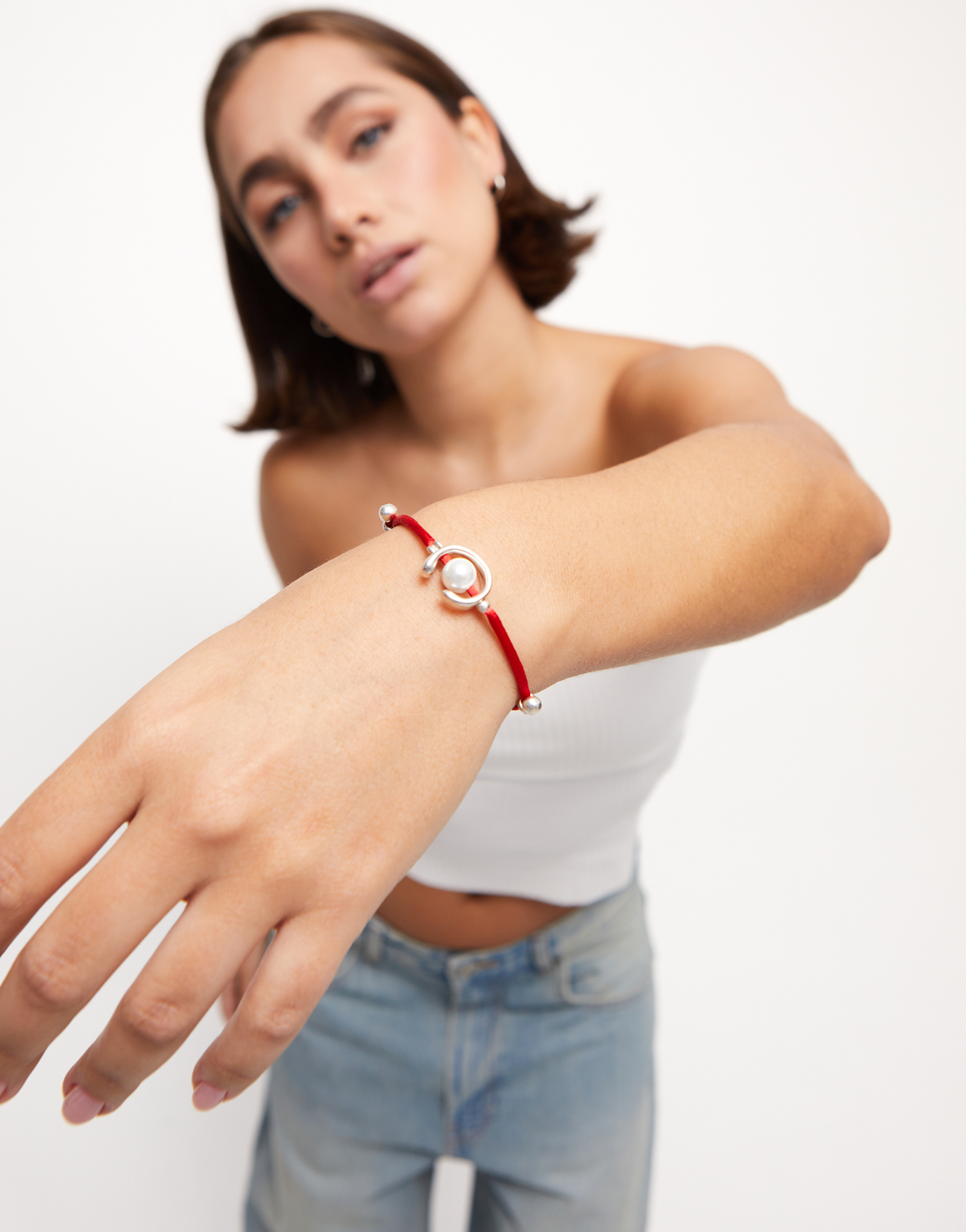 Red cord bracelet with a pearl, Silver, large thumbnail